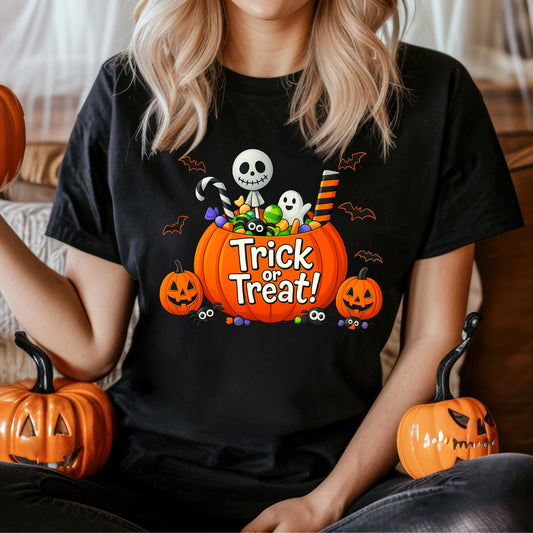 Trick Or Treat Shirt – Halloween Pumpkin Shirt With Ghost & Skull Candy Bucket Tee