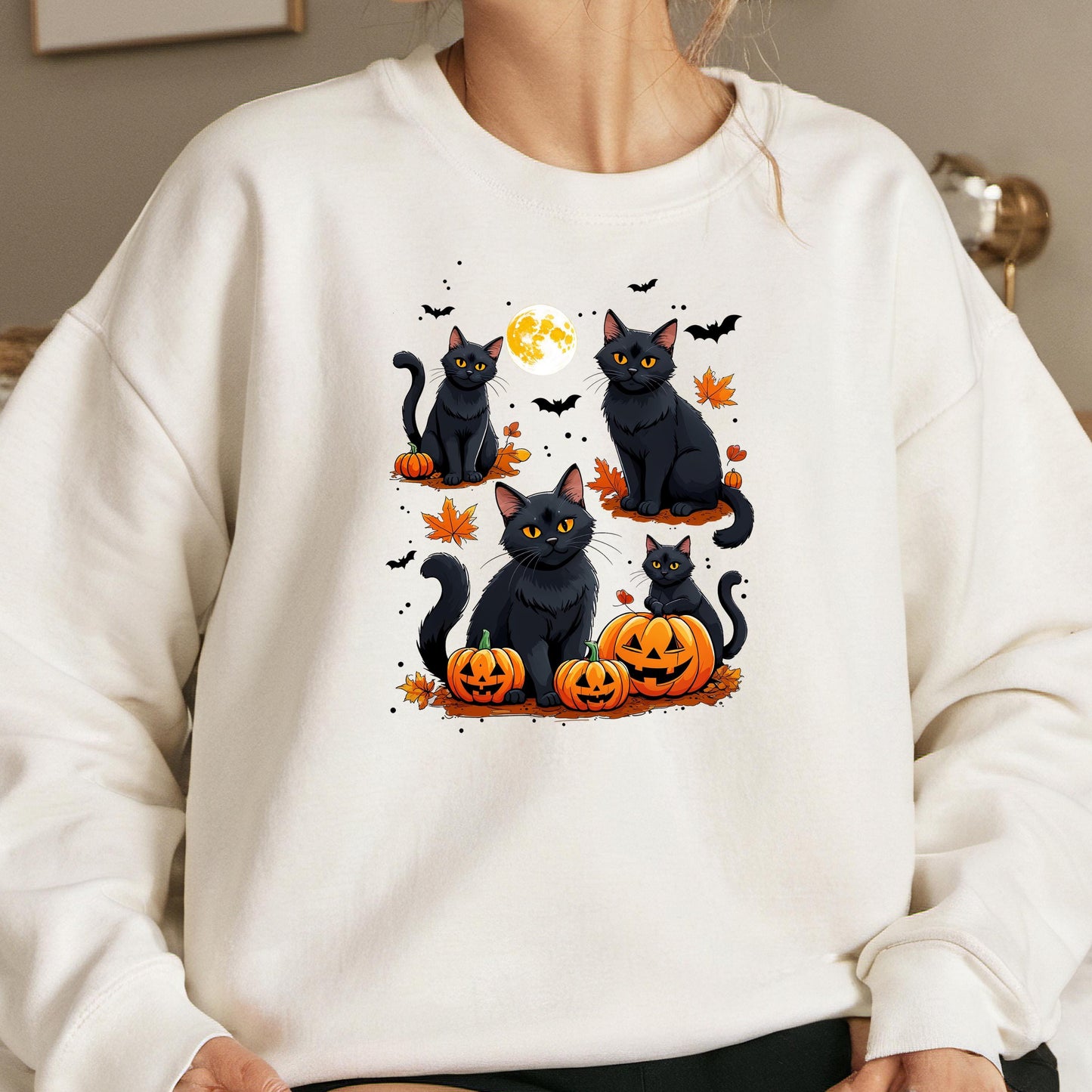 Black Cat Sweatshirt – Cozy Halloween Crewneck With Pumpkin Bat Graphics