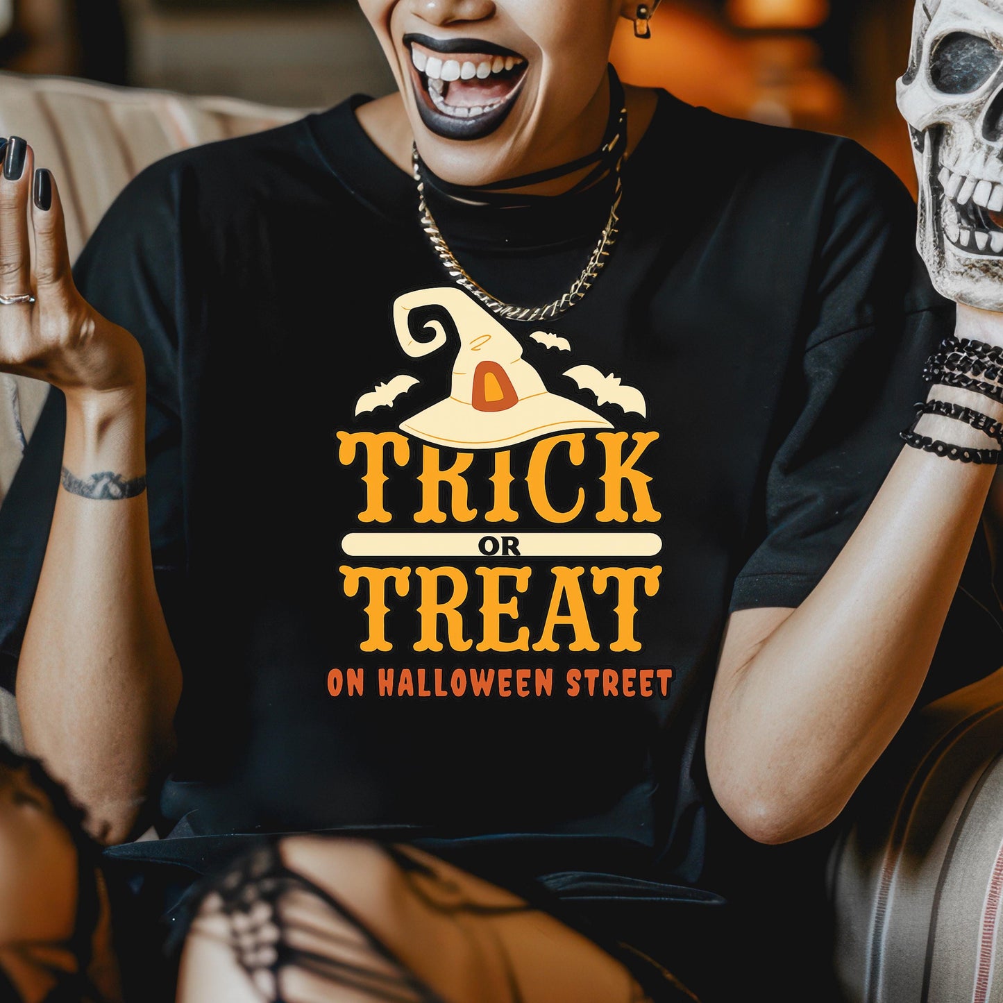 Halloween Graphic Tee – Vintage Witch Hat Shirt With Bats Outline | Cozy Fall Shirt