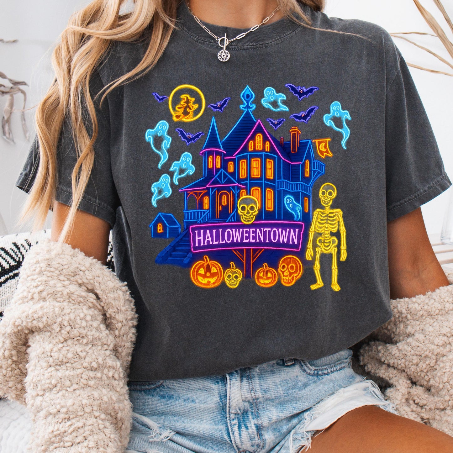 Neon Halloweentown T-Shirt – Glow In Dark Haunted House Graphic Tee