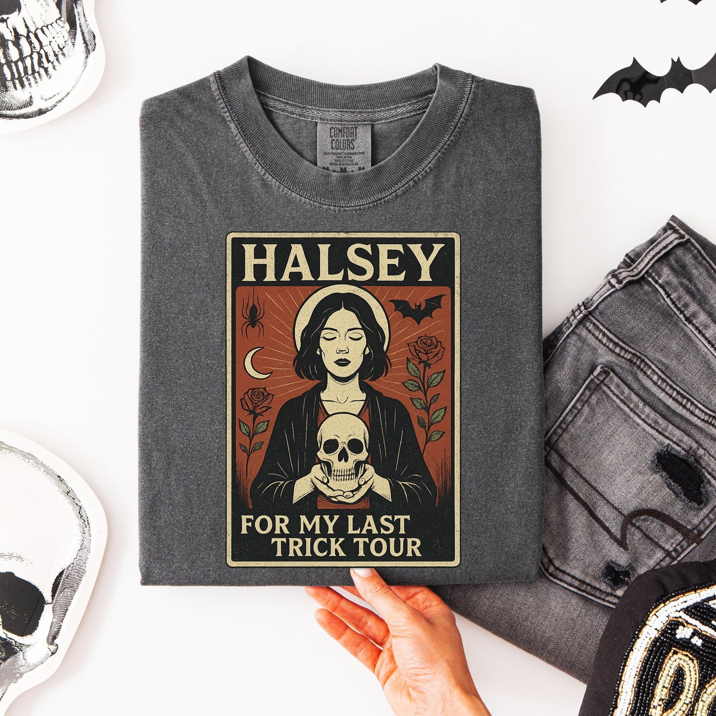 Halsey Tarot Shirt - Gothic Concert Tee With Skull Rose Motif & Witchy Design