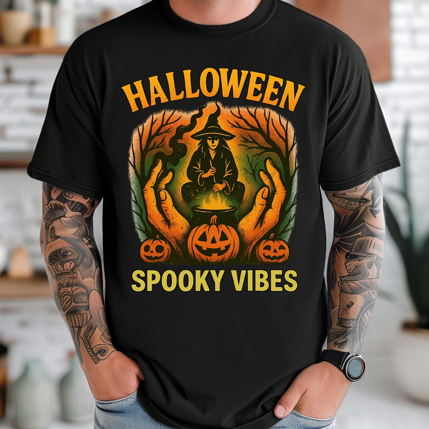 Halloween Witch Shirt - Vintage Cotton Tee With Witch Cauldron Design & Pumpkin Graphic