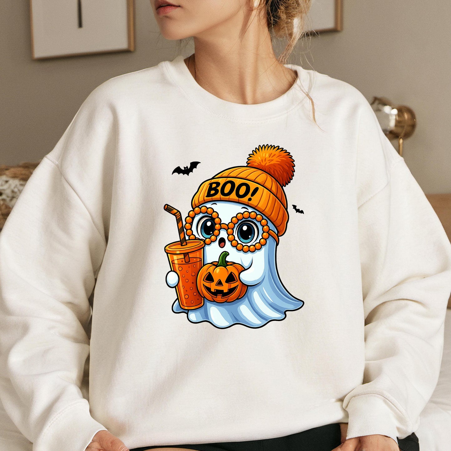 Ghost Pumpkin Sweatshirt – Cozy Fall Sweatshirt | Soft Cotton Blend Crewneck
