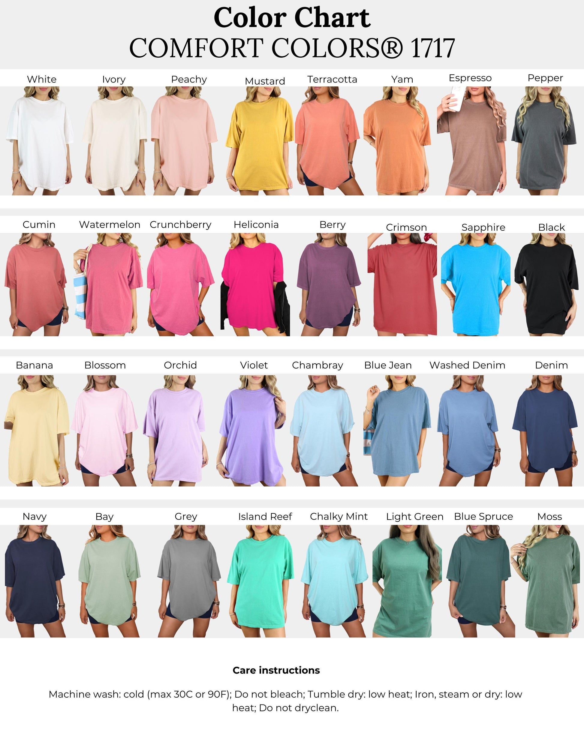The image is a color chart displaying various comfort colors, including white, ivory, peach, mustard, terracotta, yam, espresso, and peppermint. The chart also includes a color chart for different types of t-shirts, such as casual, sporty, and formal styles.