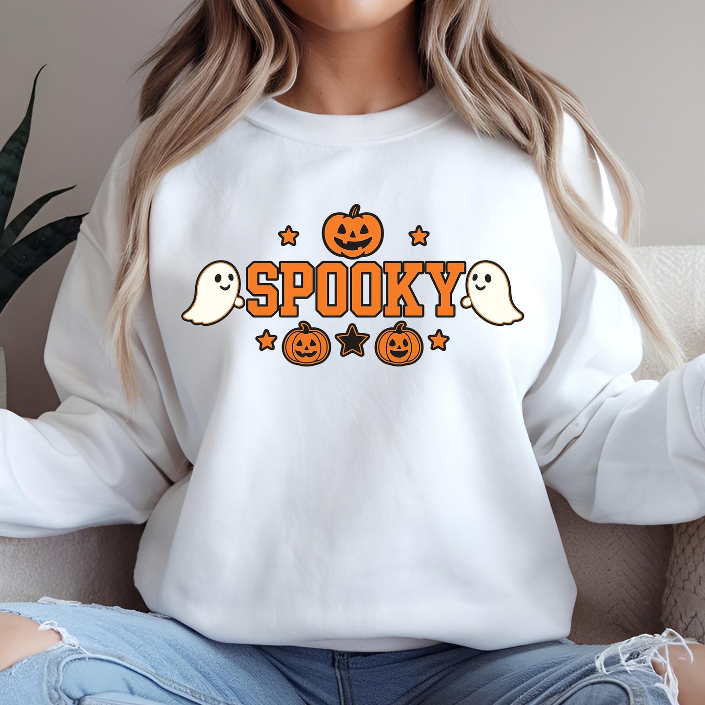 Halloween Sweatshirt - Cozy Fall Pullover With Ghost Pumpkin Design & Spooky Style