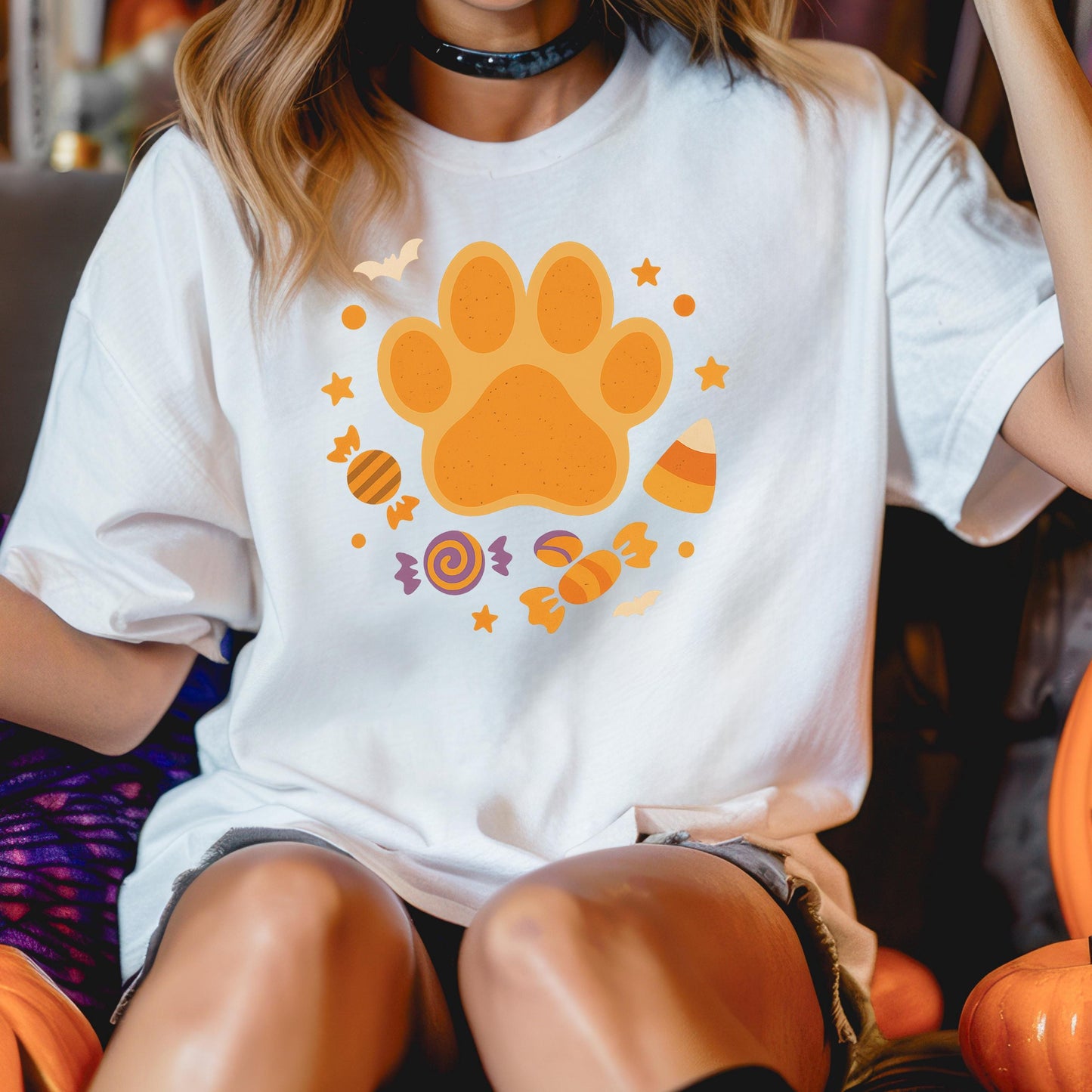 Halloween Cat Paw Shirt – Spooky Bat & Candy Design | Soft Cotton Tee