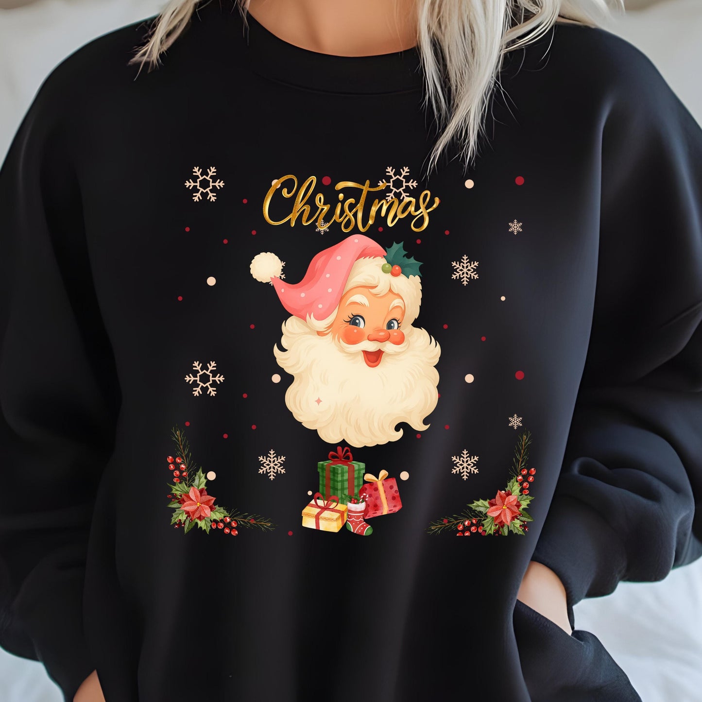 Retro Pink Santa Sweatshirt – Vintage Christmas Holiday Pullover | Cozy Winter Sweater