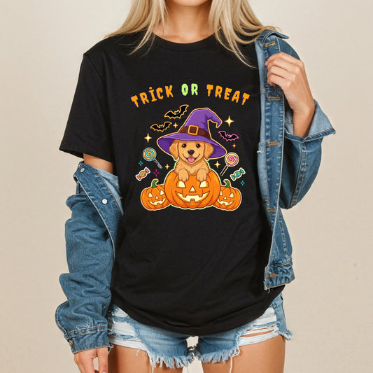 Halloween Puppy T-Shirt – Cute Golden Retriever Tee with Pumpkin & Witch Hat