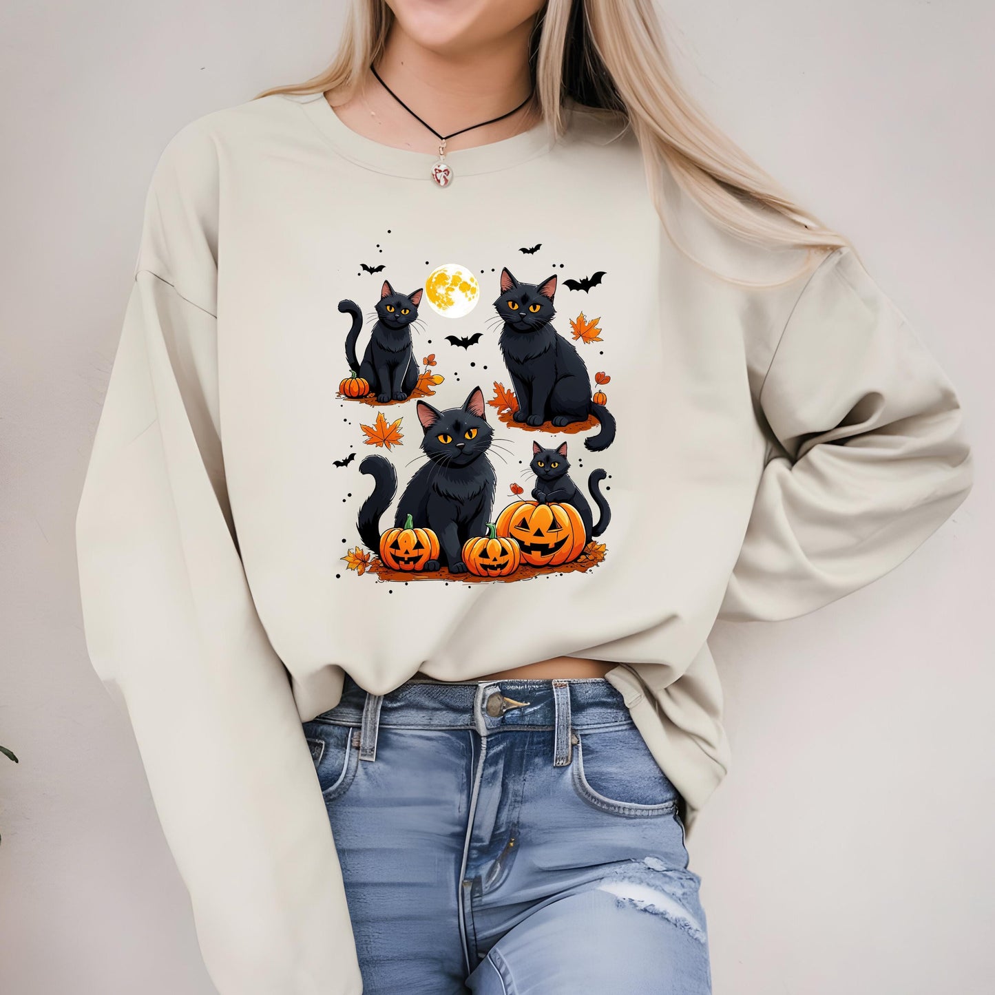 Black Cat Sweatshirt – Cozy Halloween Crewneck With Pumpkin Bat Graphics