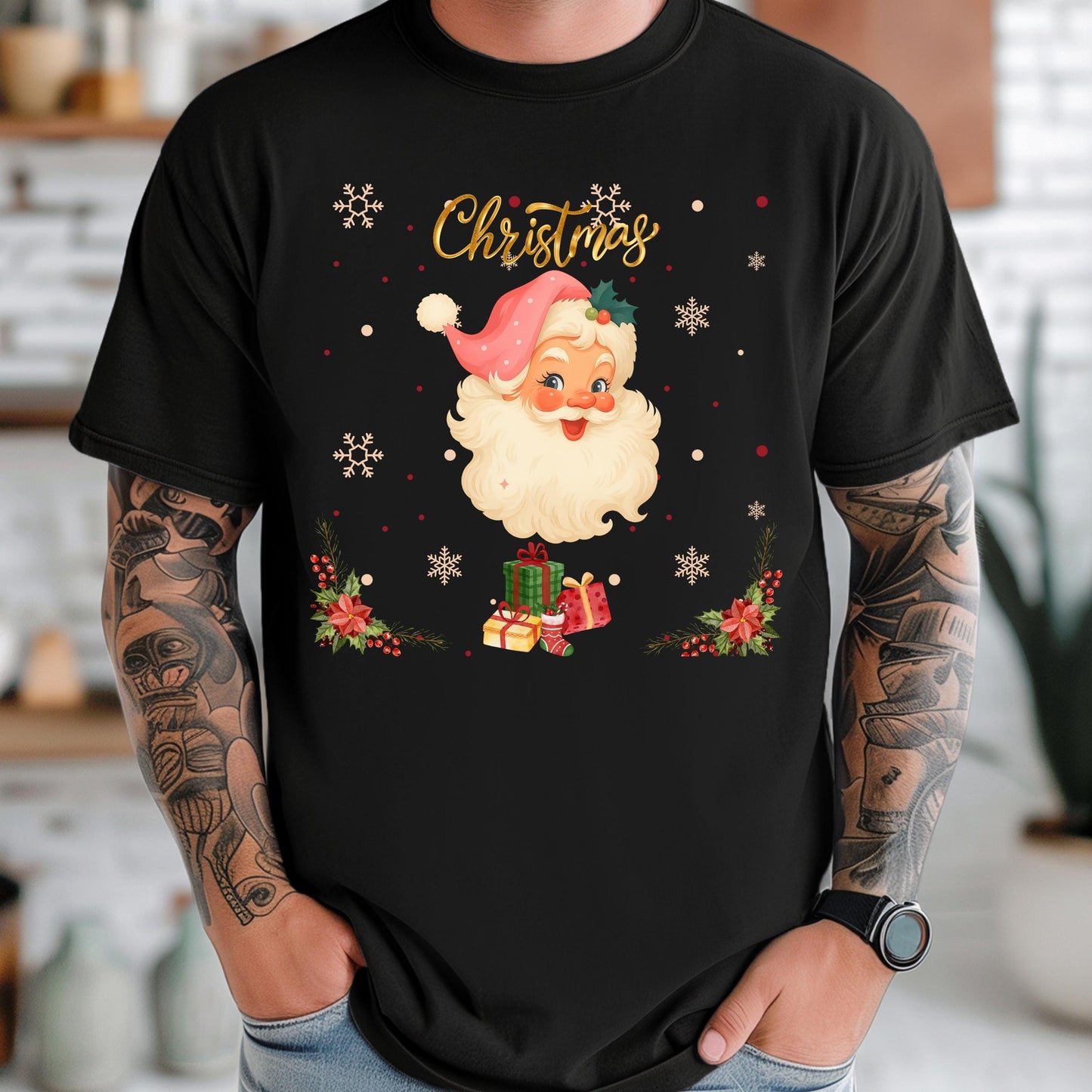 Pink Santa Christmas T-Shirt – Retro Christmas Shirt | Soft Cotton Holiday Tee