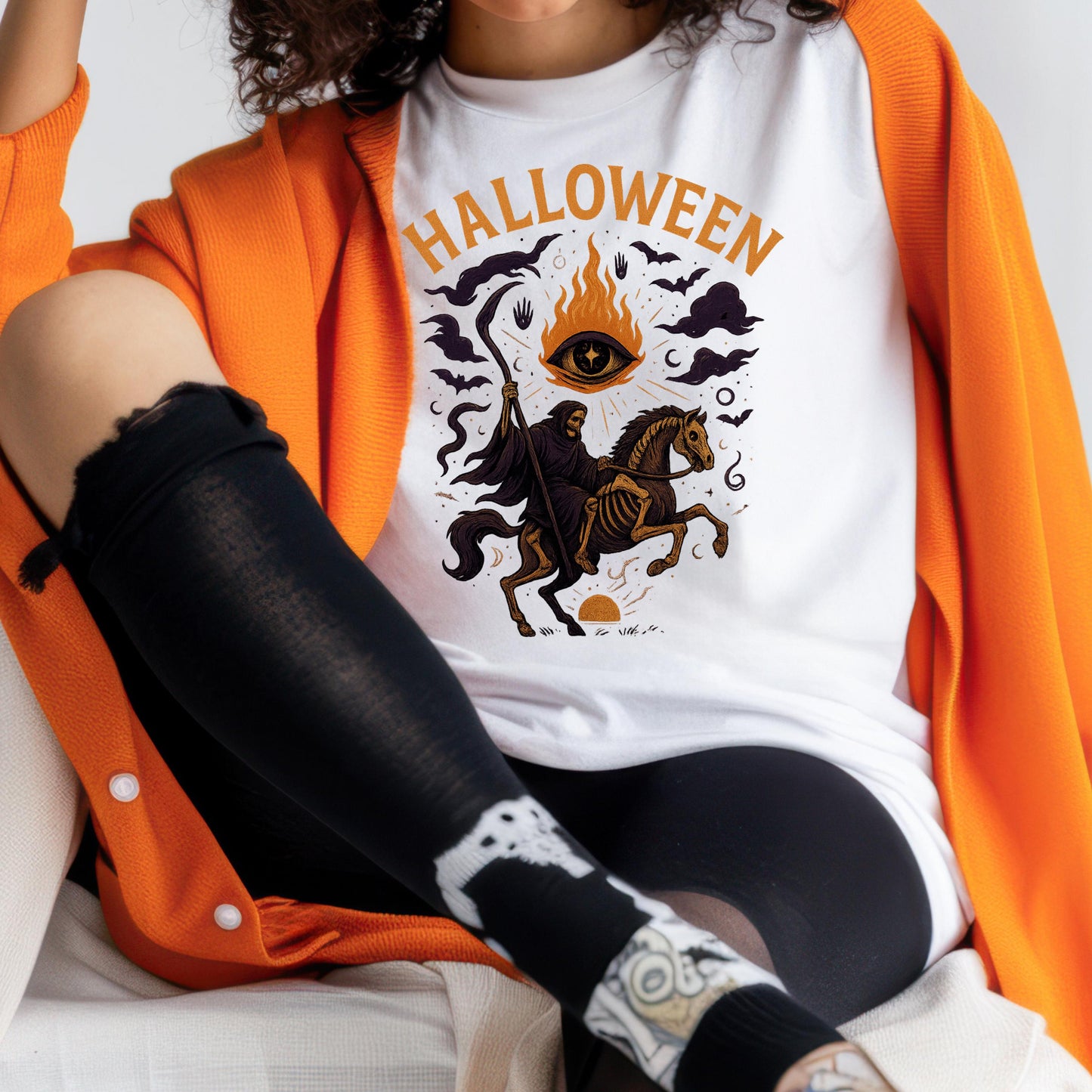 Gothic Skeleton Tee - Grim Reaper Design With Occult Eye Flames Shirt