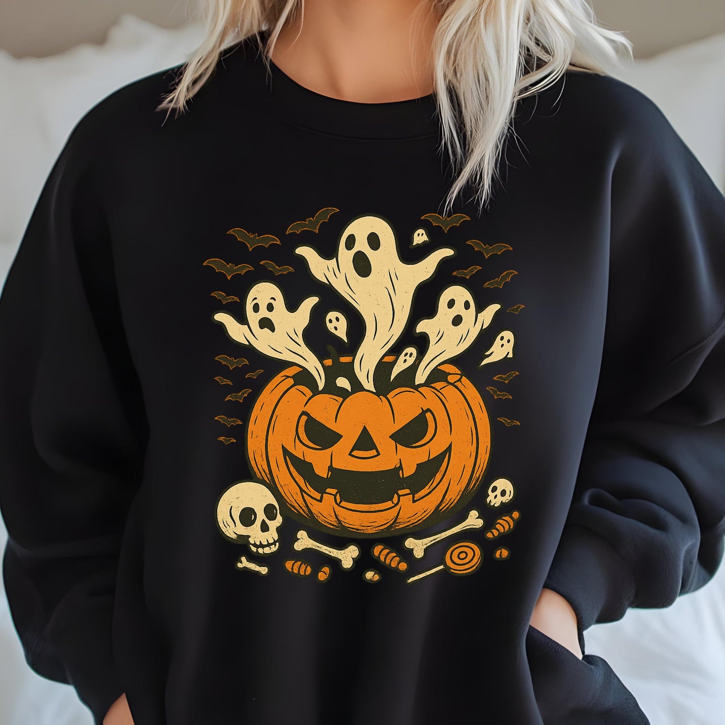 Spooky Halloween Hoodie – Cozy Autumn Hoodie With Bat And Skull Print