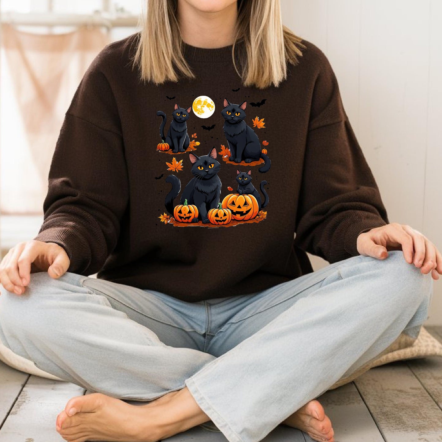 Black Cat Sweatshirt – Cozy Halloween Crewneck With Pumpkin Bat Graphics