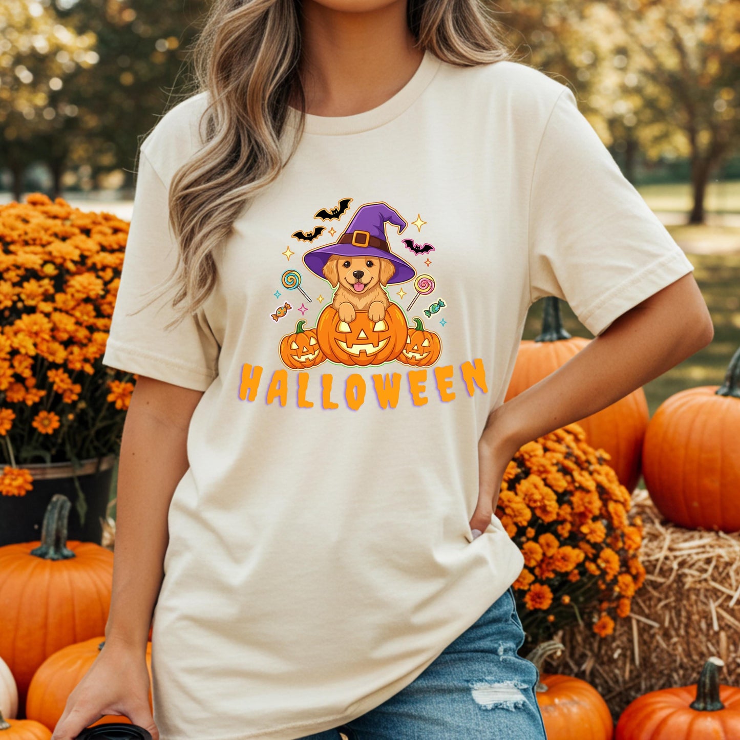 Halloween Puppy T-Shirt – Golden Retriever Tee With Witch Hat Pumpkin Design