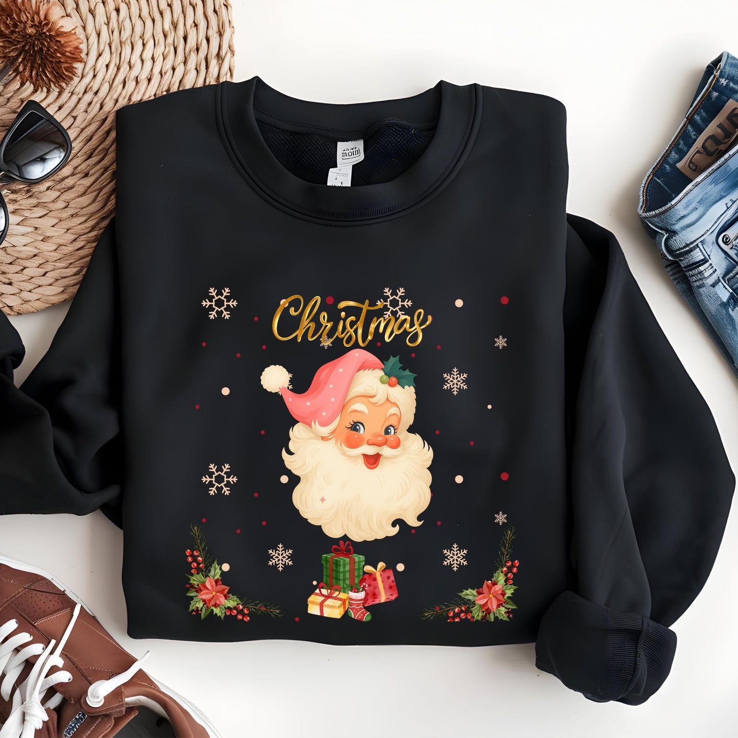 Retro Pink Santa Sweatshirt – Vintage Christmas Holiday Pullover | Cozy Winter Sweater
