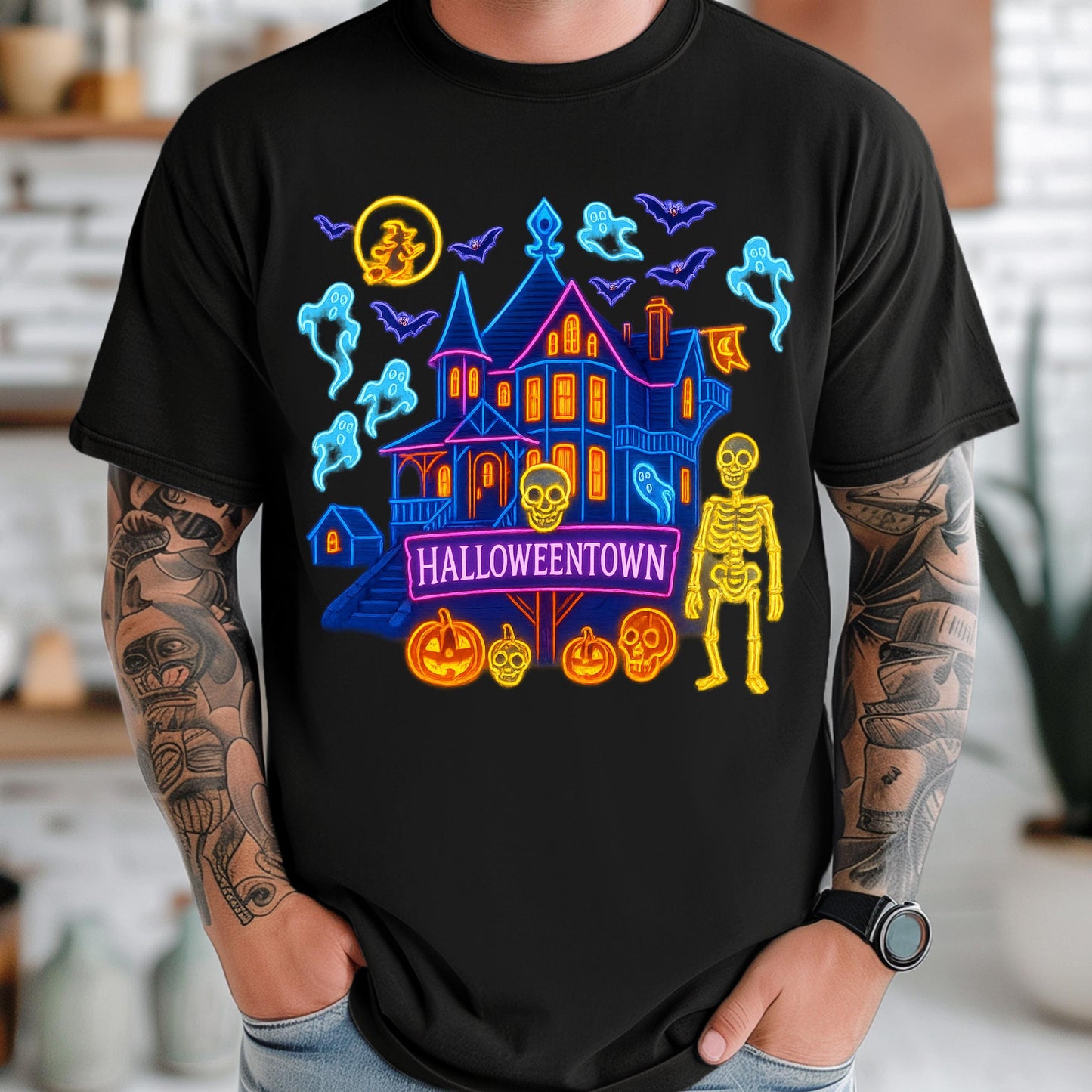 Neon Halloweentown T-Shirt – Glow In Dark Haunted House Graphic Tee