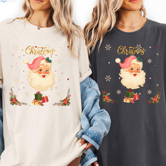 Pink Santa Christmas T-Shirt – Retro Christmas Shirt | Soft Cotton Holiday Tee