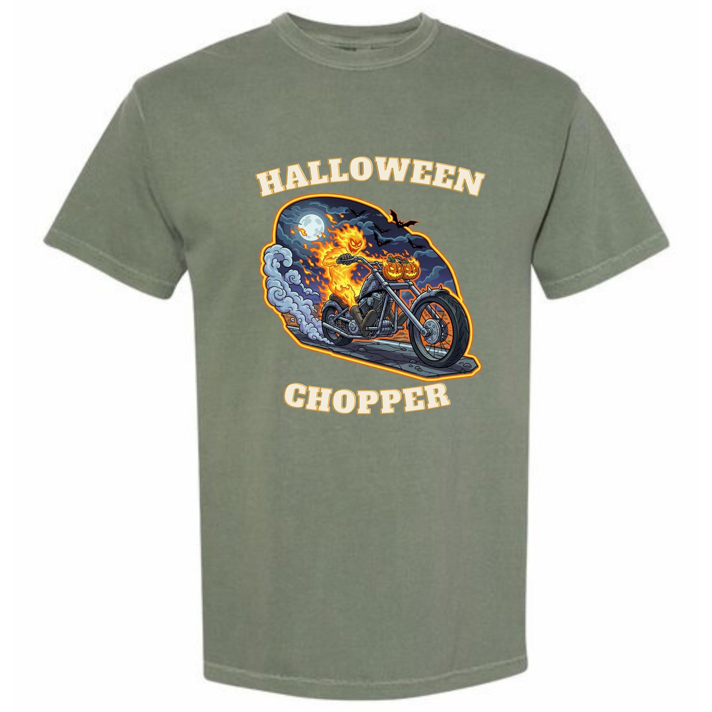 A t-shirt design featuring a motorcycle with a jack-o-lantern on the handlebars, along with a nighttime scene with a full moon and a crescent moon.