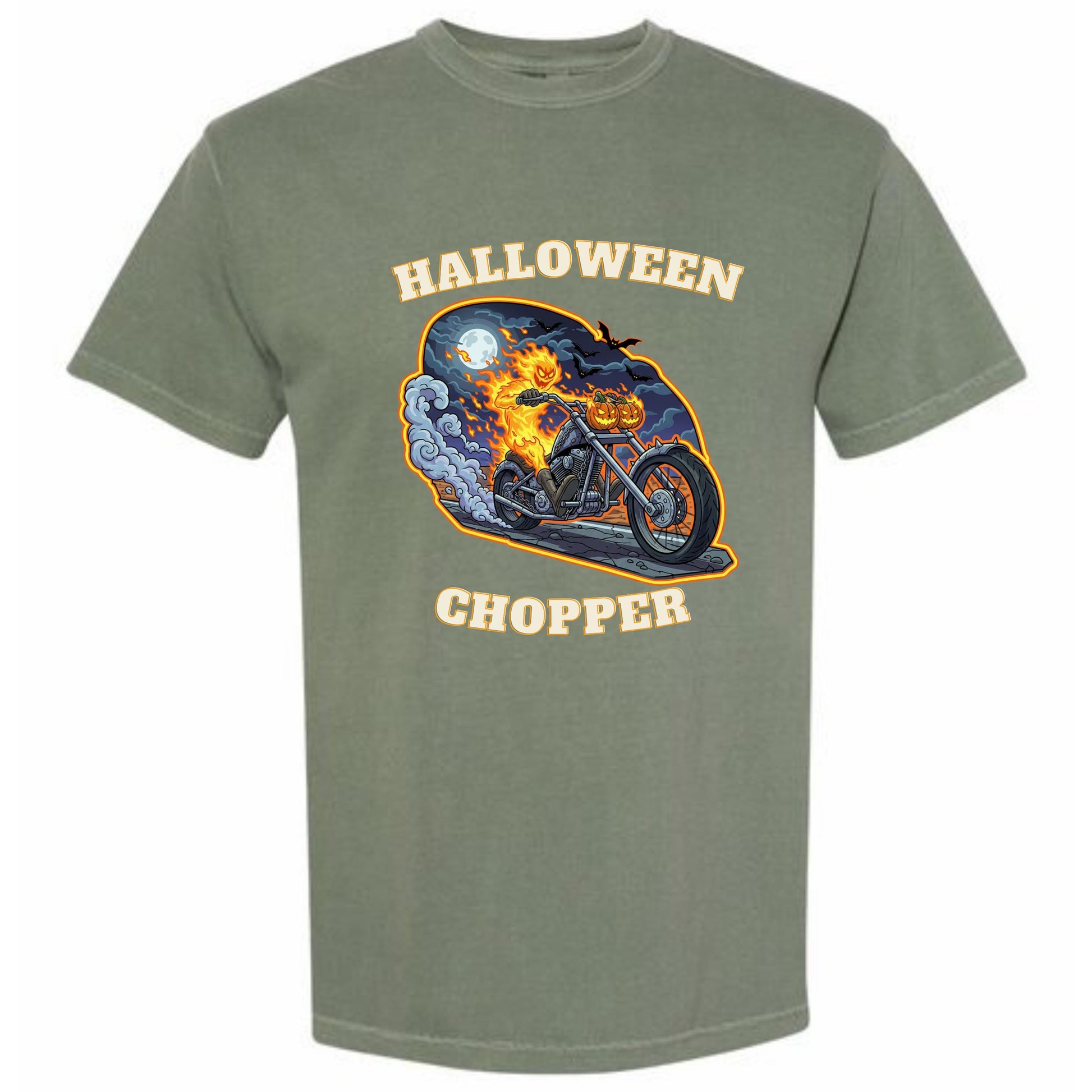 A t-shirt design featuring a motorcycle with a jack-o-lantern on the handlebars, along with a nighttime scene with a full moon and a crescent moon.