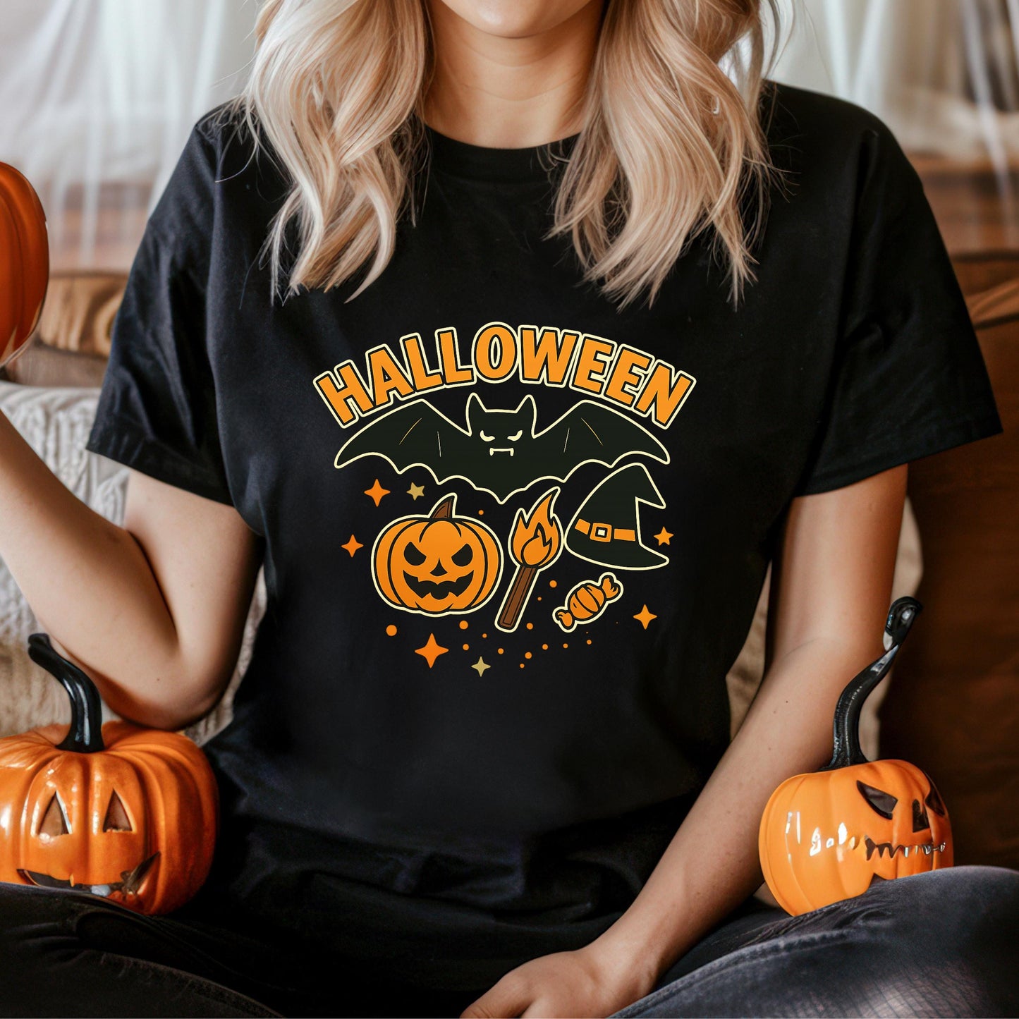 Halloween Graphic Tee - Pumpkin T-Shirt With Bat, Witch Hat & Cotton Comfort