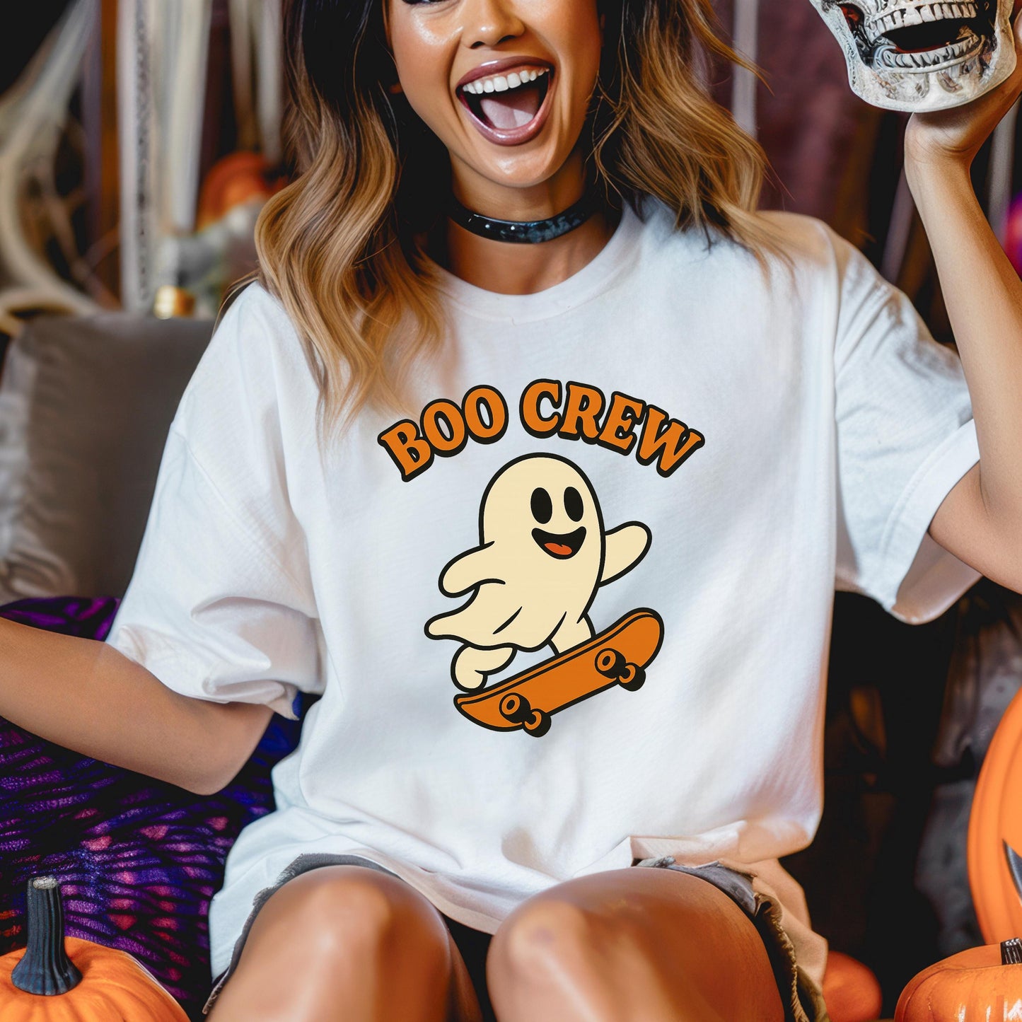 Ghost Skateboard T-Shirt – Retro Halloween Tee | Soft Cotton Shirt, Unisex Fit