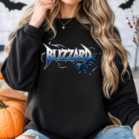 A woman wearing a black sweatshirt with the word &quot;BUZZARD&quot; printed on it.